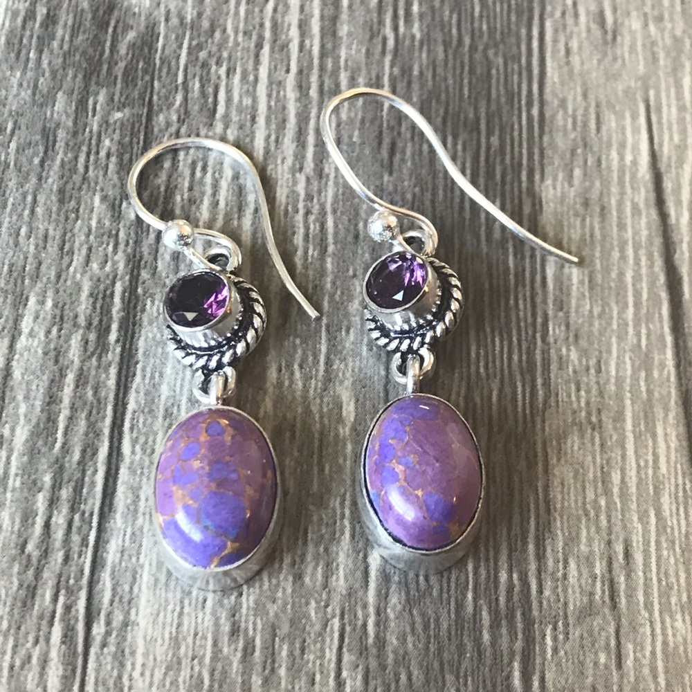 Purple Stone Drop Earrings with Amethyst Accents - Picture 4 of 5